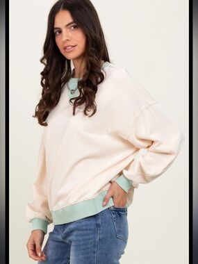 Nwt waffle Crewneck Cream Colorblock Sweater with Mint Trim large oversized